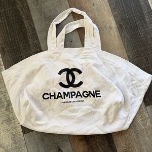 Large Champagne Graphic Canvas Tote Bag White Parody Logo Oversized Beach Bag